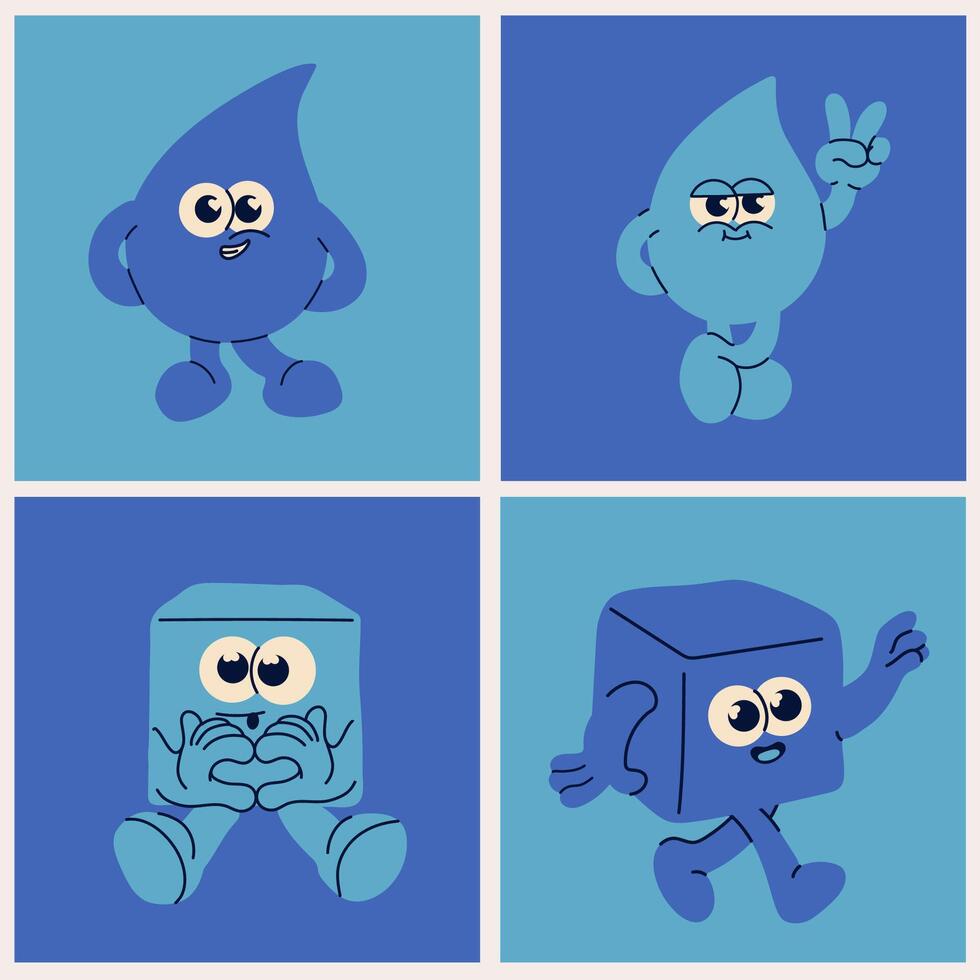 Retro Cartoon Water Drop and Ice Cube Characters vector