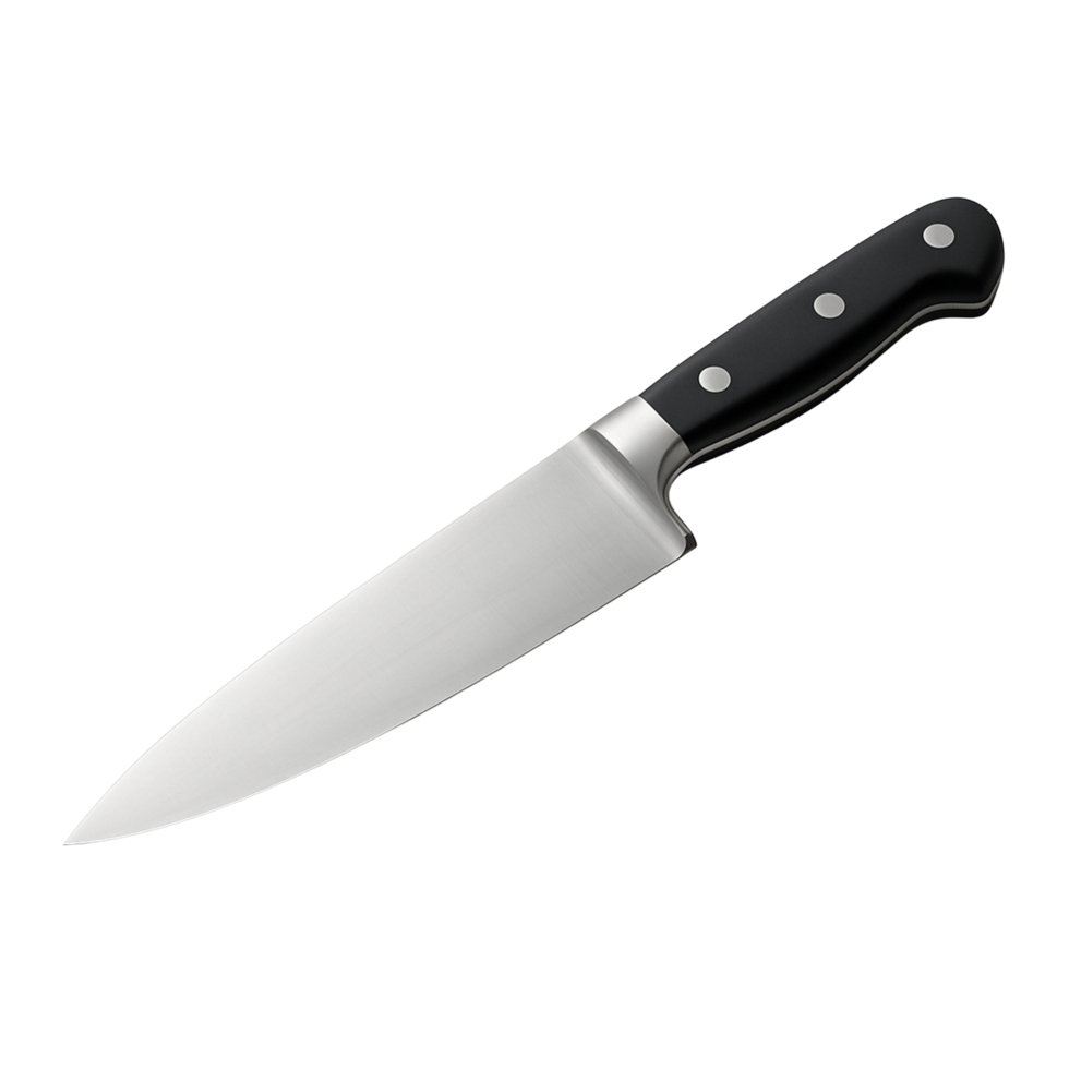 Sharp stainless steel chef knife with black handle isolated on transparent background png