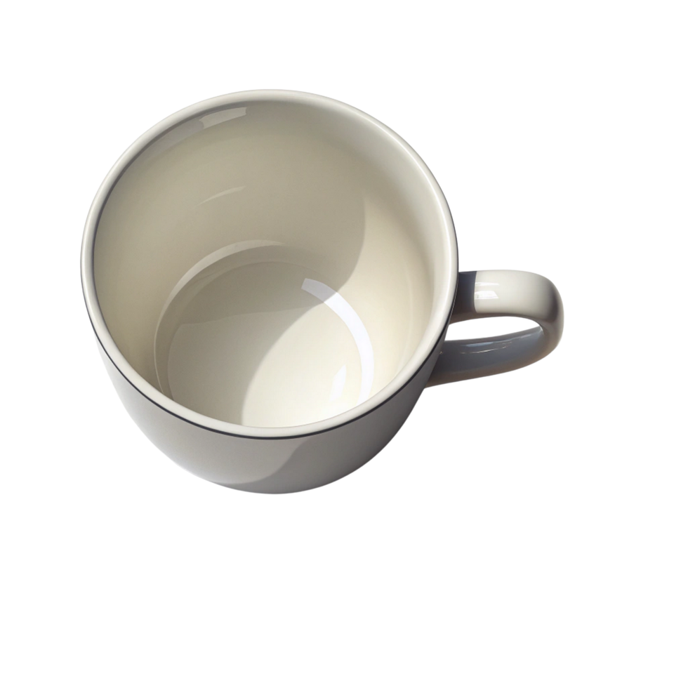 Top view of a clean white ceramic coffee mug isolated on transparent background png