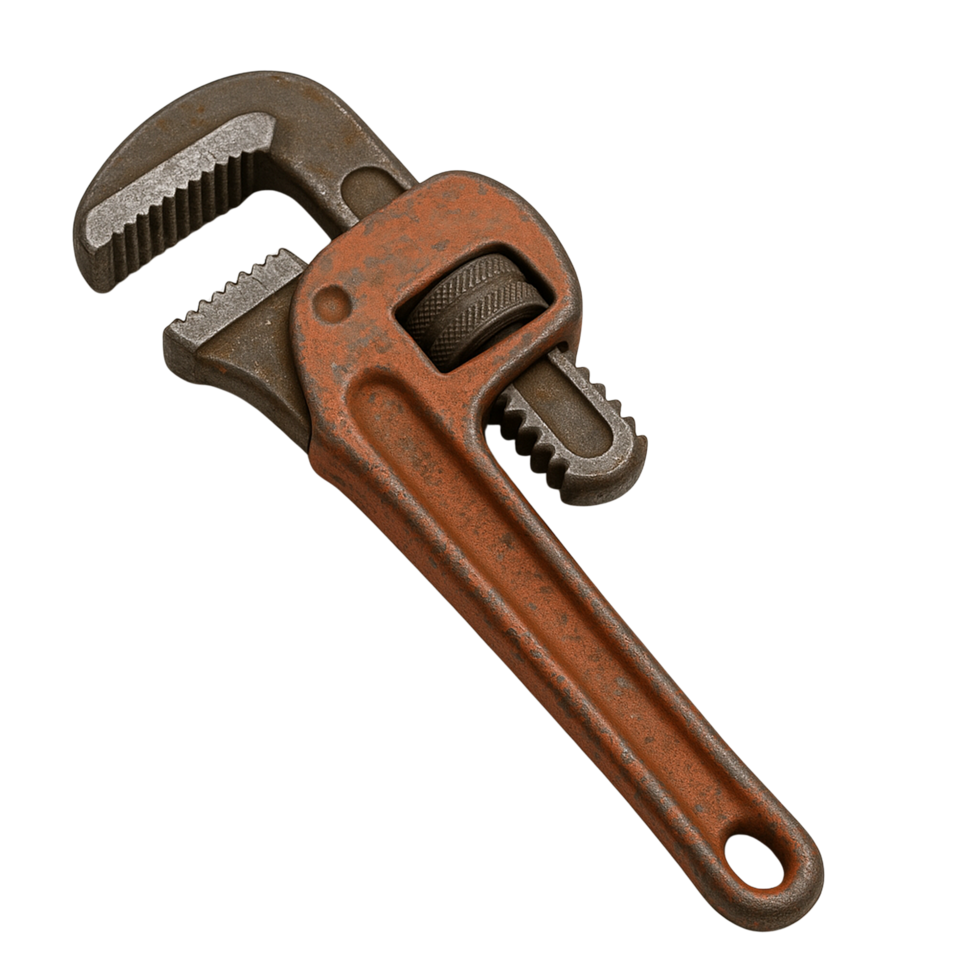 Vintage rusty pipe wrench tool isolated on transparent background png
