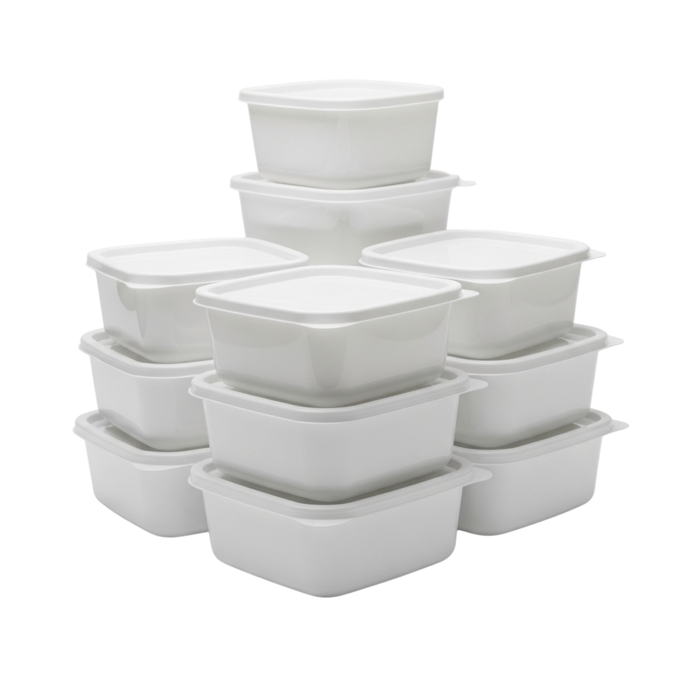 Stack of white square food storage containers isolated on transparent background png