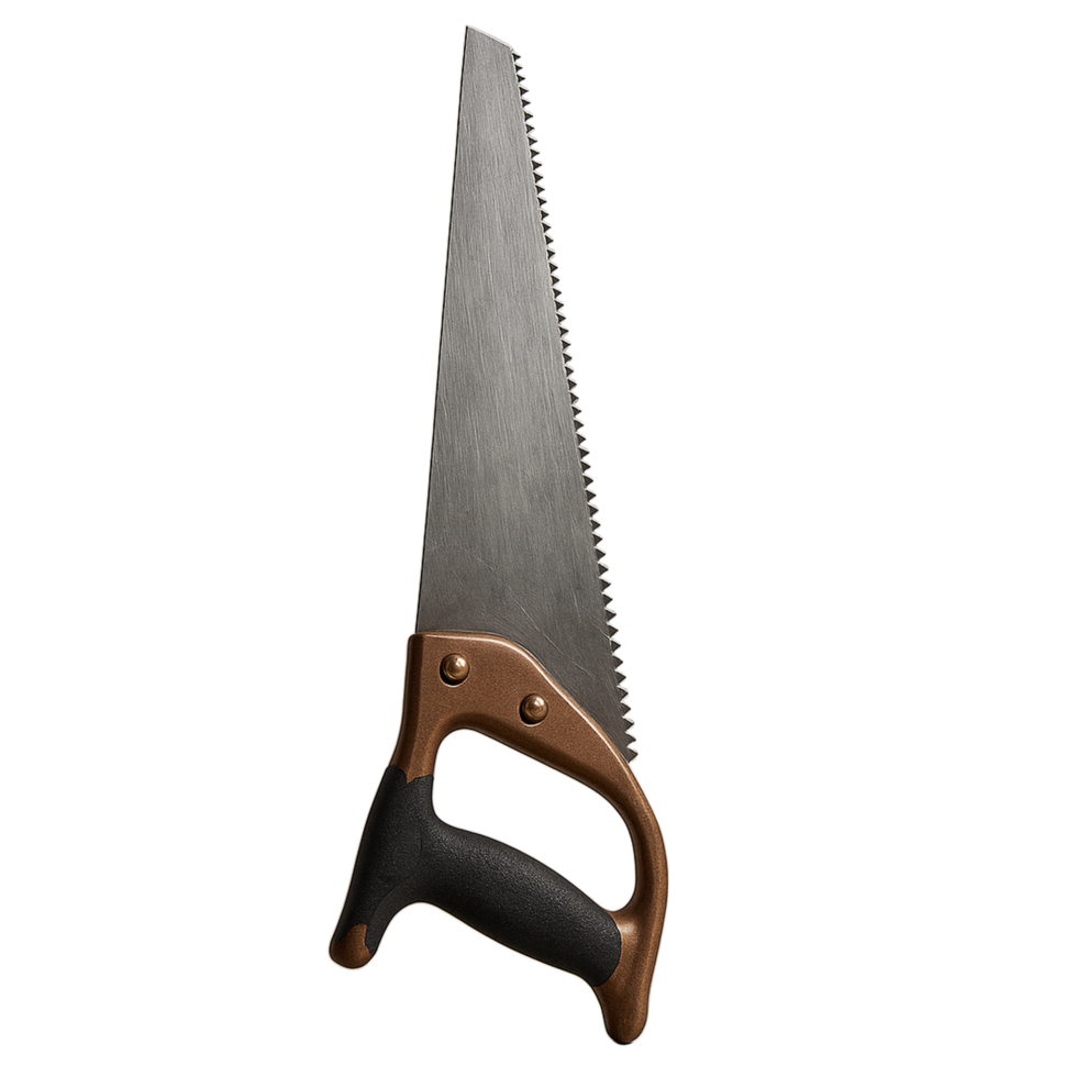 Close up of a hand saw with a textured grip isolated on transparent background png