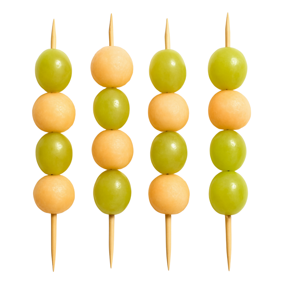 Four fruit skewers with green grapes and yellow melon balls isolated on transparent background png