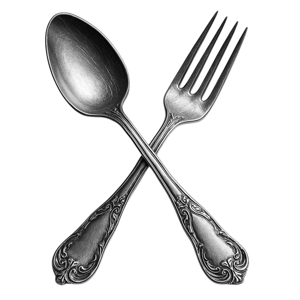 Ornate silver spoon and fork crossed isolated on transparent background png