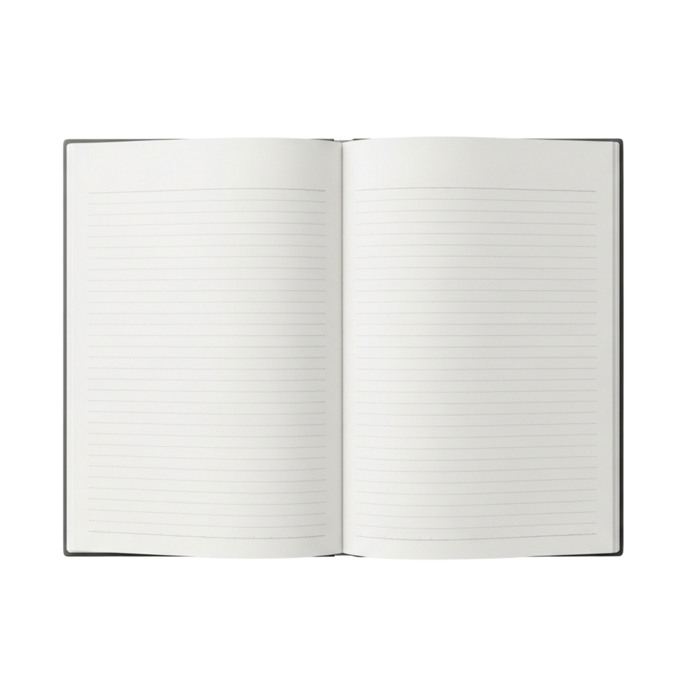 Open lined notebook with blank pages isolated on transparent background png