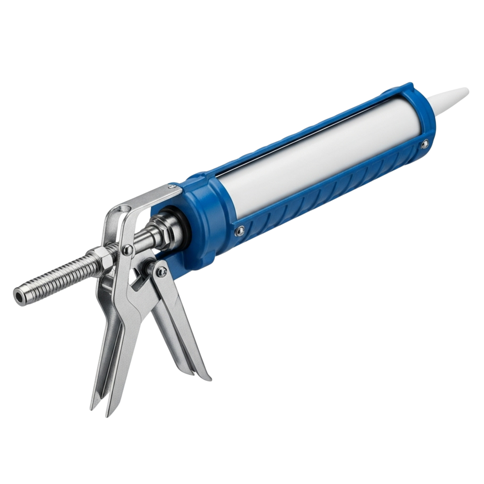 Blue and silver caulking gun tool for sealant application isolated on transparent background png