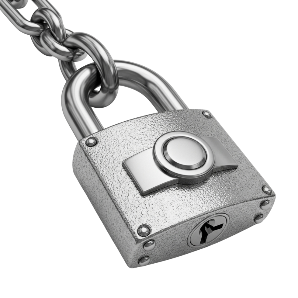 Shiny metal padlock secured to a thick metal chain isolated on transparent background png