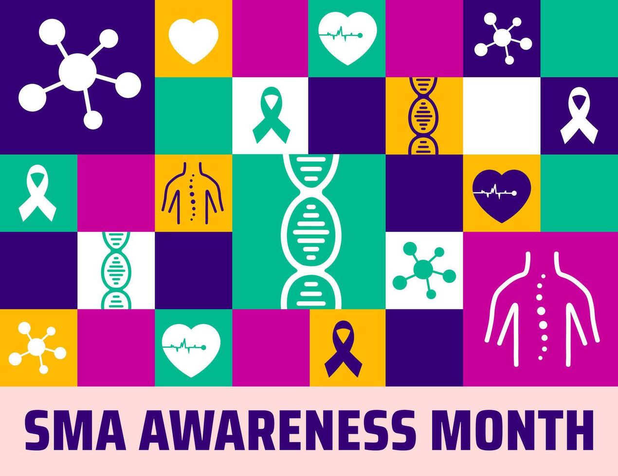 SMA Awareness Month background, banner or poster design with DNA strands, ribbons, and health symbols highlighting August advocacy for Spinal Muscular Atrophy education, support, and genetic vector