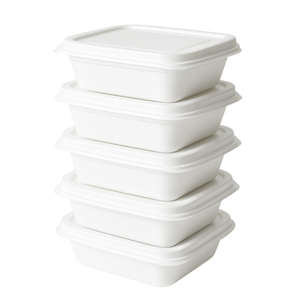 Stack of white square food containers isolated on transparent background png