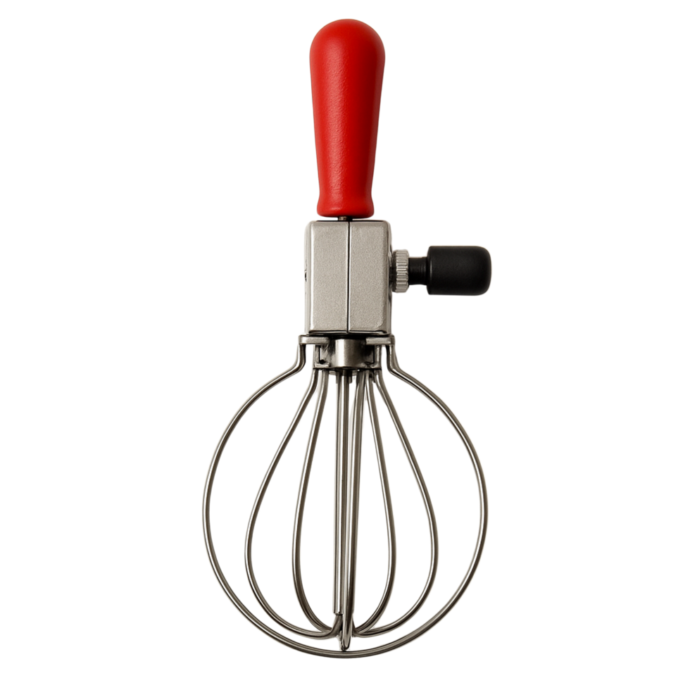 Manual whisk with red handle and black knob isolated on transparent background png