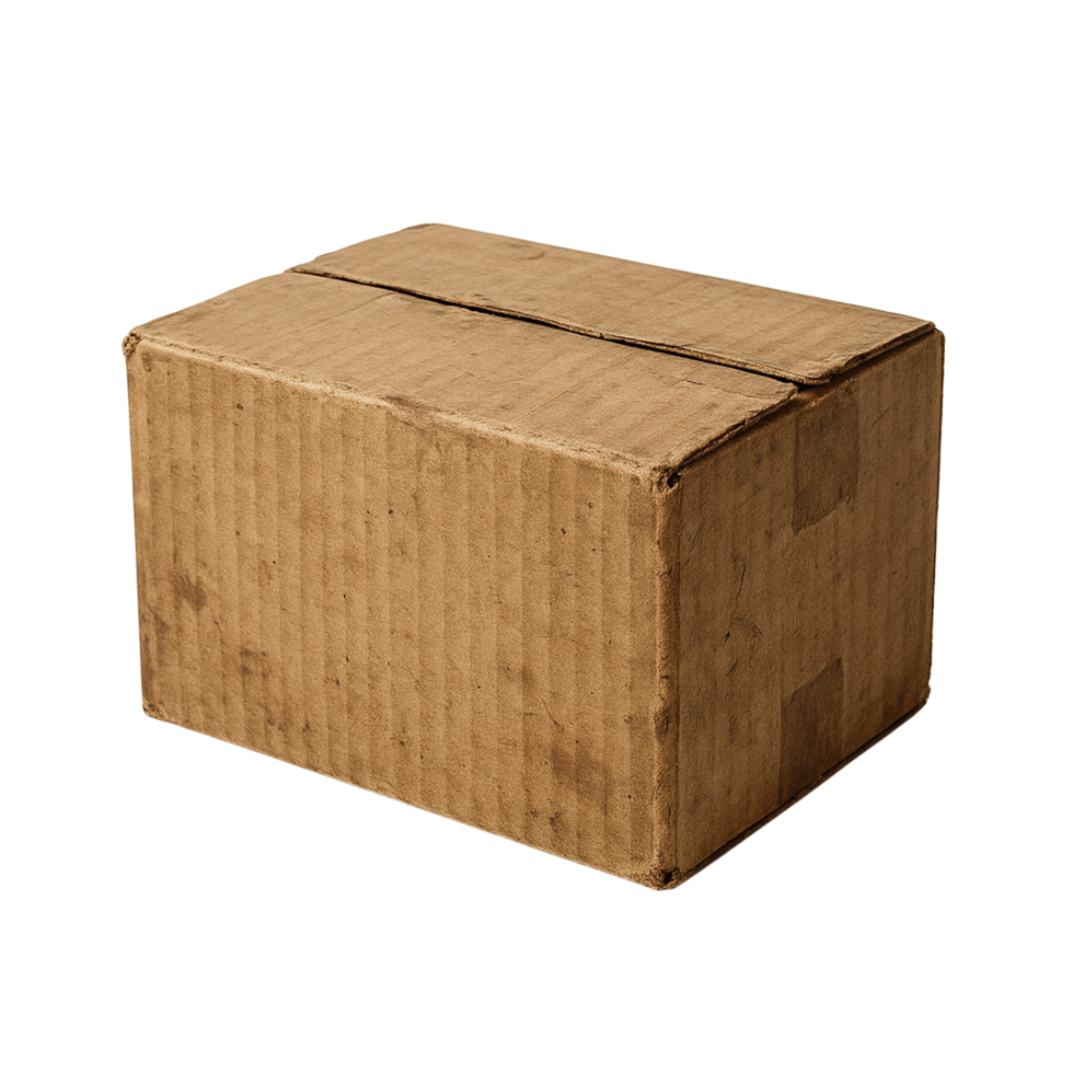 A worn brown cardboard box isolated on transparent background png