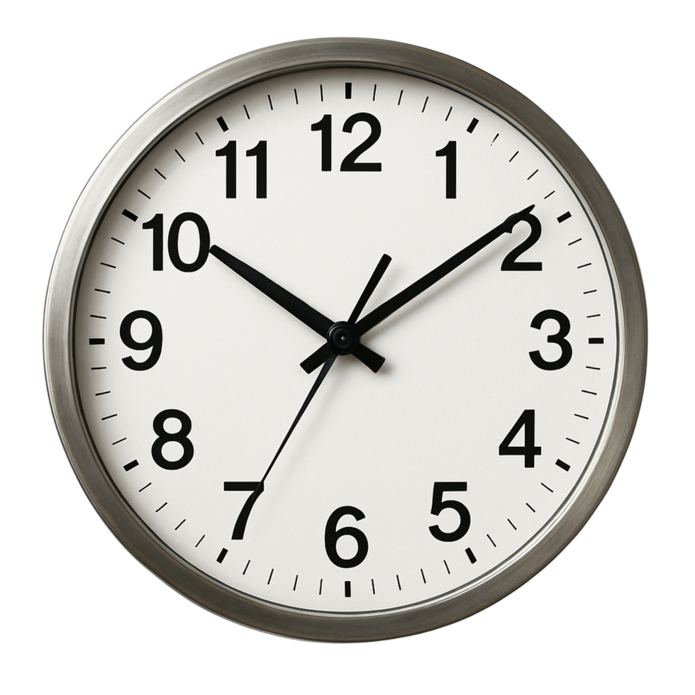 Modern metal framed analog clock with black hands isolated on transparent background png