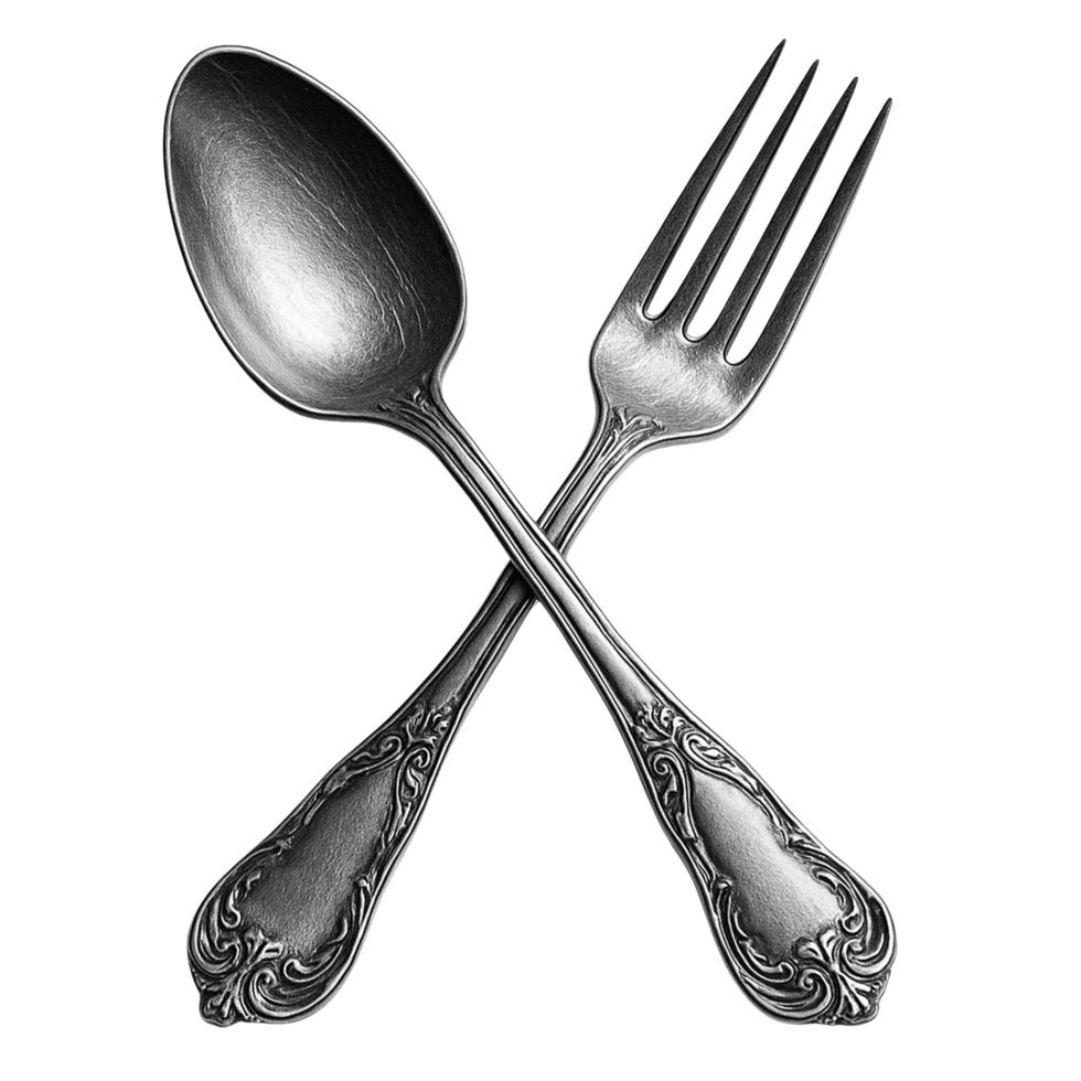 Ornate silver spoon and fork crossed together isolated on transparent background png
