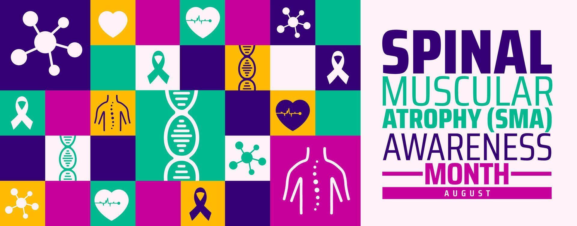 SMA Awareness Month background, banner or poster design with DNA strands, ribbons, and health symbols highlighting August advocacy for Spinal Muscular Atrophy education, support, and genetic disorder vector