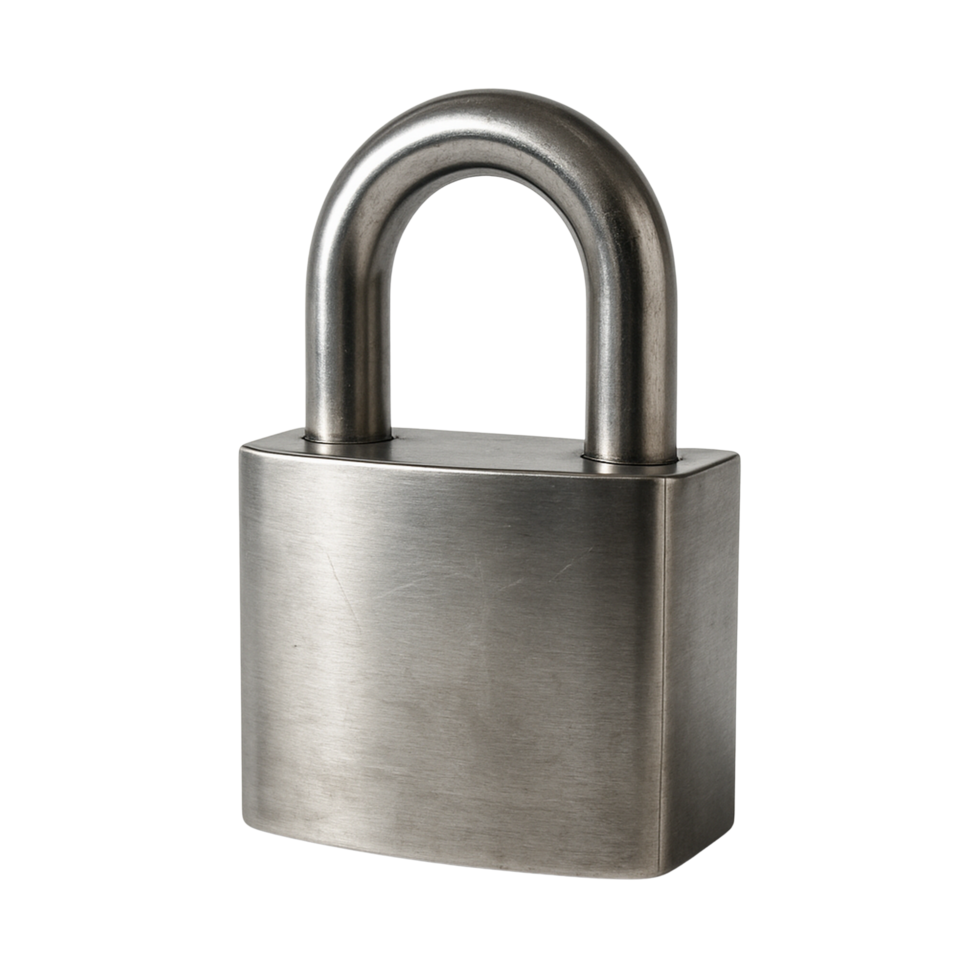 Brushed metal padlock with open shackle isolated on transparent background png