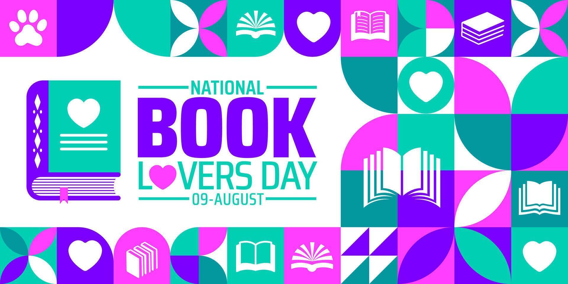 National Book Lovers Day background, banner or poster design for August 9 featuring bold purple and turquoise text with book-themed icons and hearts, celebrating reading passion, literacy. vector