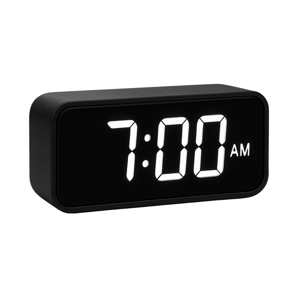 Modern black digital alarm clock showing 7 am isolated on transparent background png