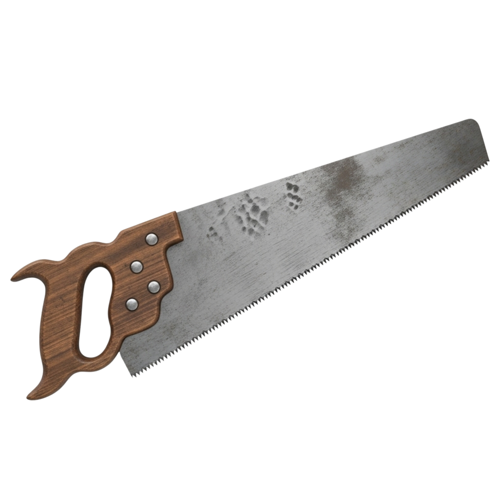 Vintage wooden hand saw with metal blade isolated on transparent background png