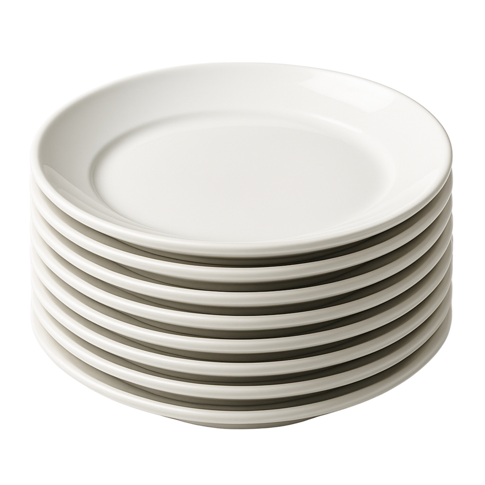 Stack of white ceramic dinner plates isolated on transparent background png