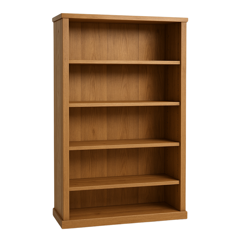 Classic wooden bookshelf with five shelves isolated on transparent background png