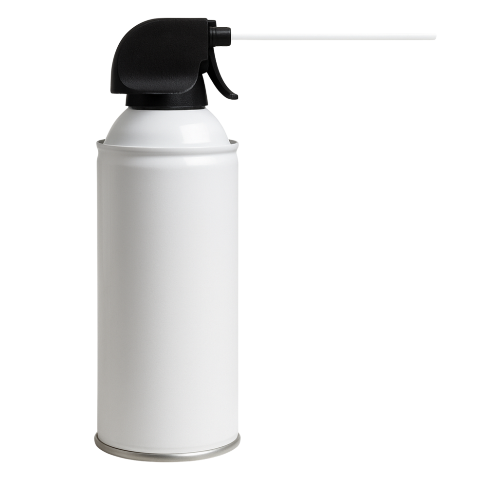 White aerosol can with black trigger sprayer and straw isolated on transparent background png