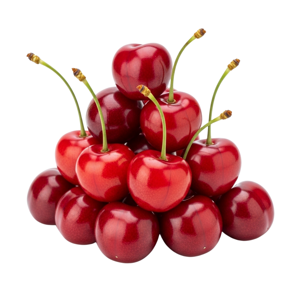 Pyramid of fresh red cherries with stems isolated on transparent background png