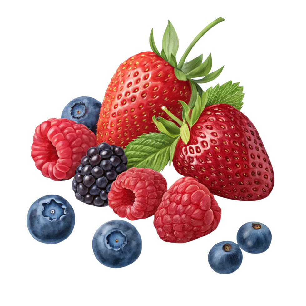 Assortment of fresh berries including strawberries raspberries blueberries isolated on transparent background png