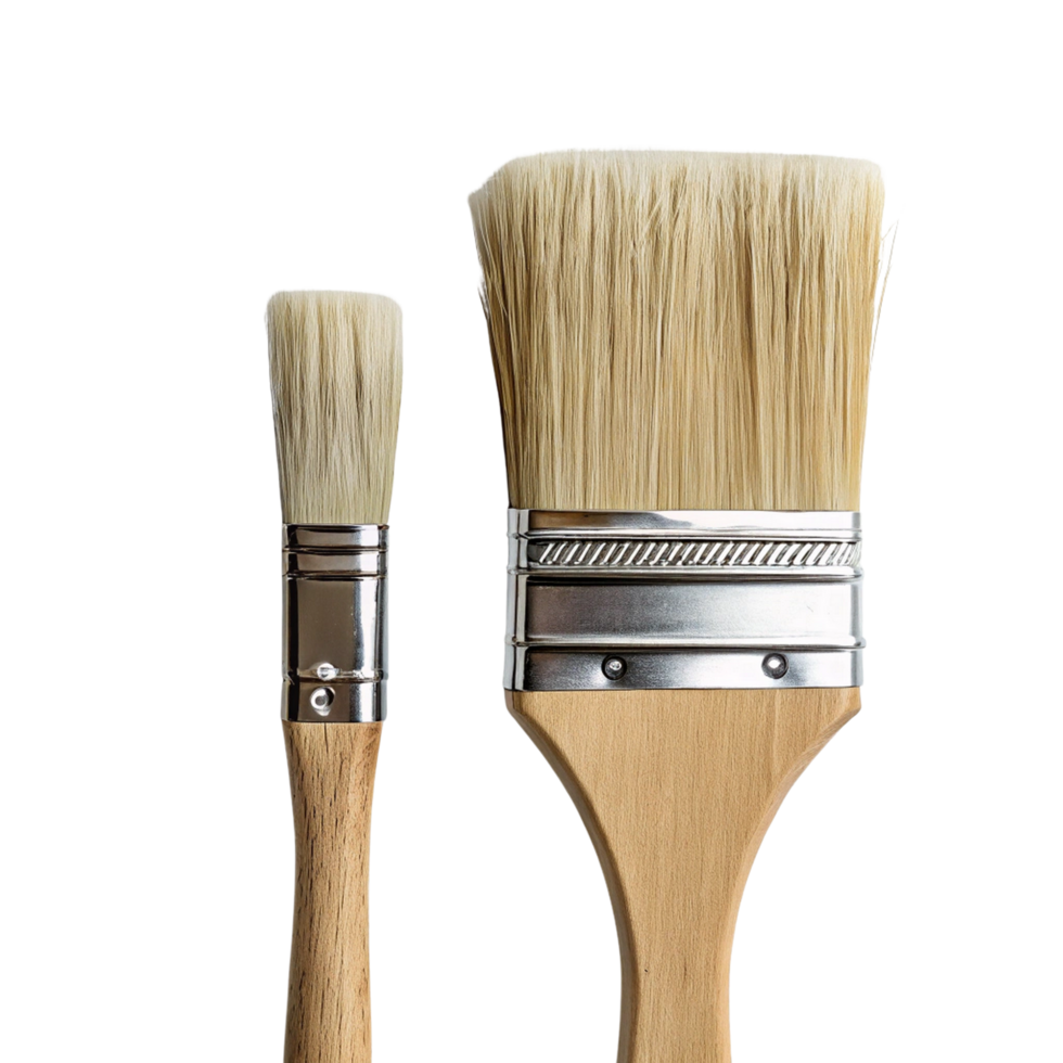 Two paint brushes with wooden handles and metal ferrules isolated on transparent background png