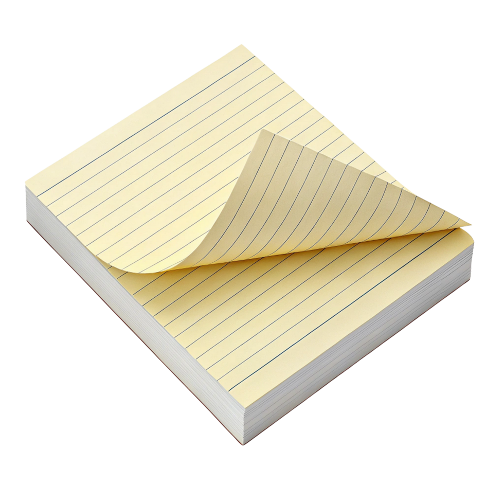 Yellow lined legal pad with page turned isolated on transparent background png