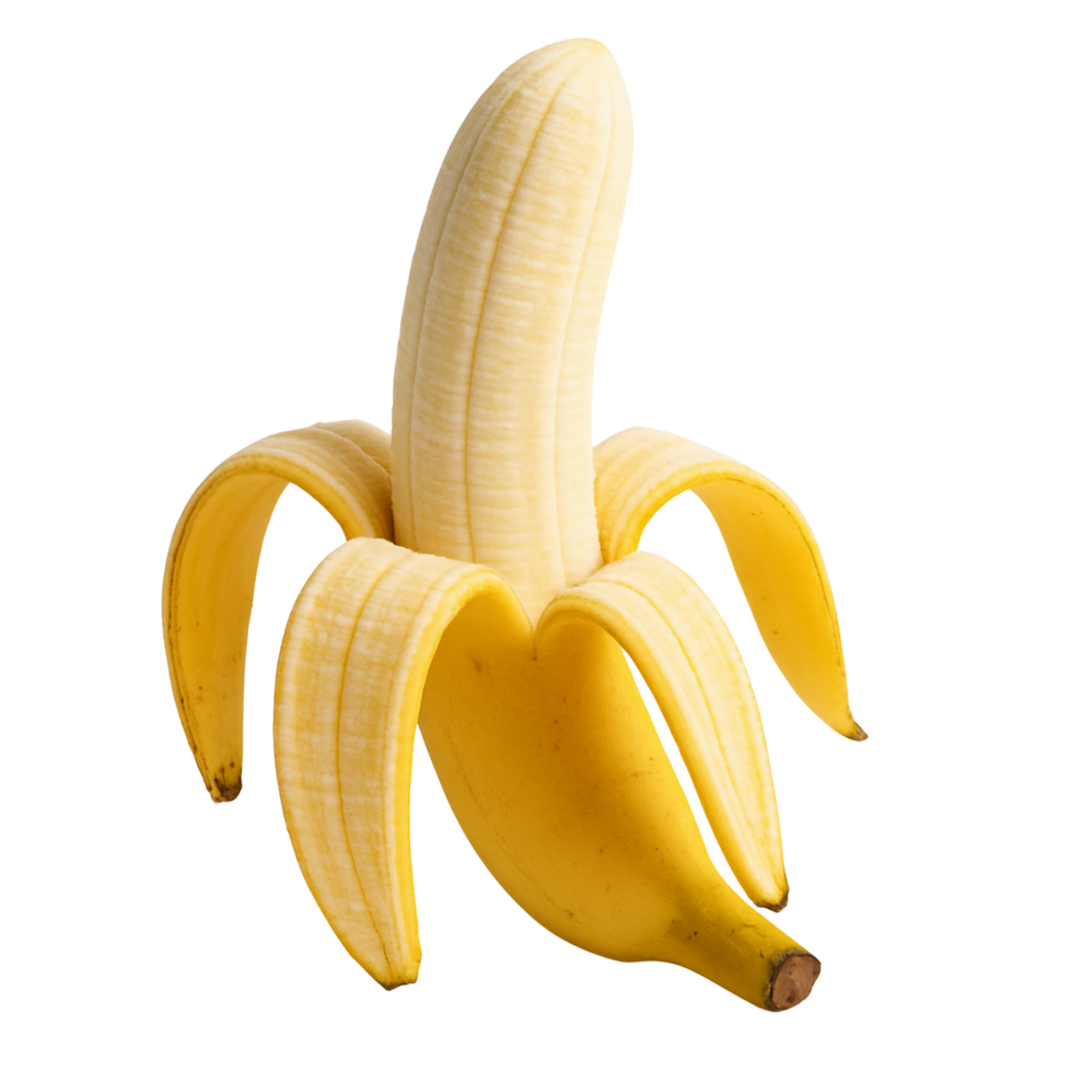 Partially peeled ripe yellow banana on transparent background png
