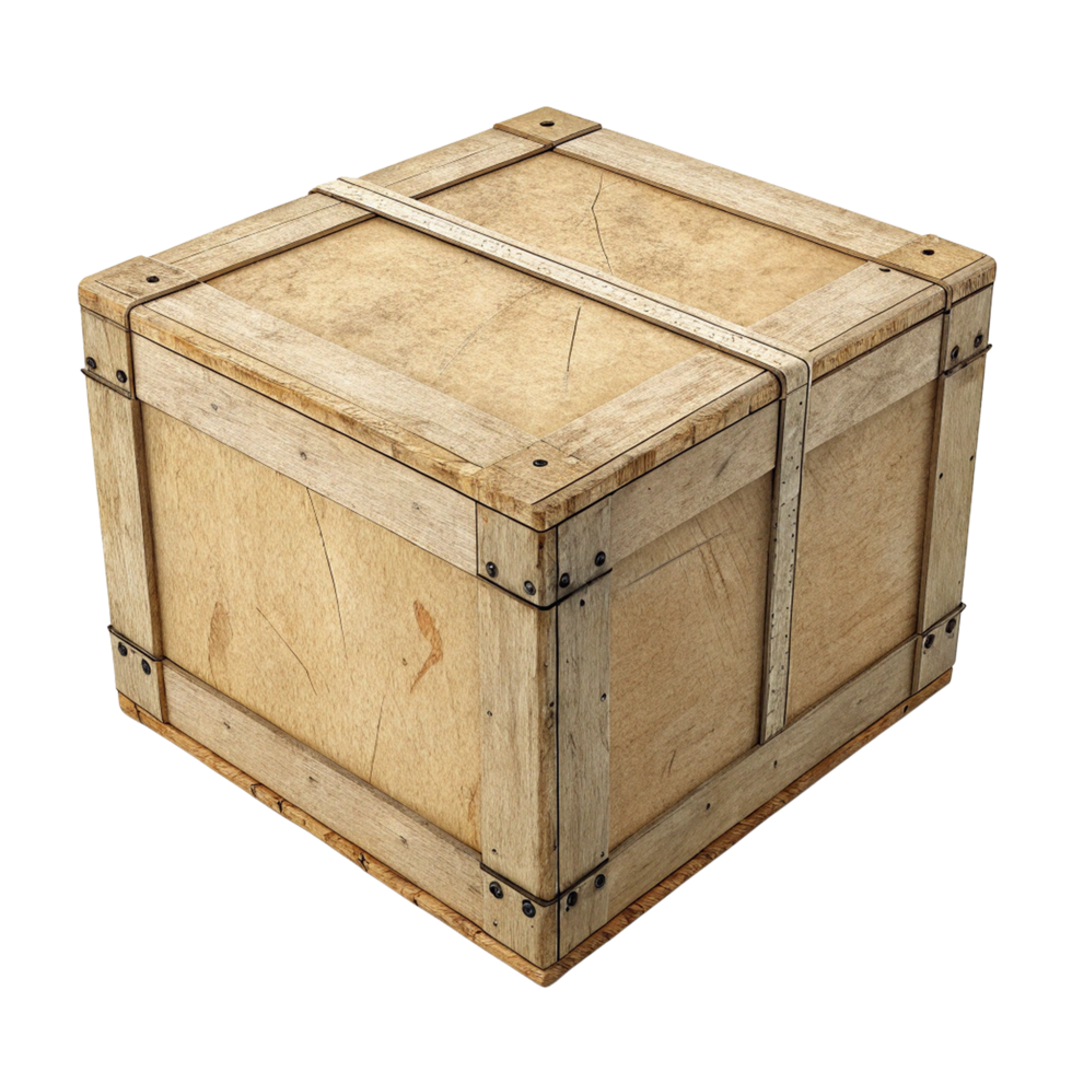 Rustic wooden shipping crate with metal straps isolated on transparent background png