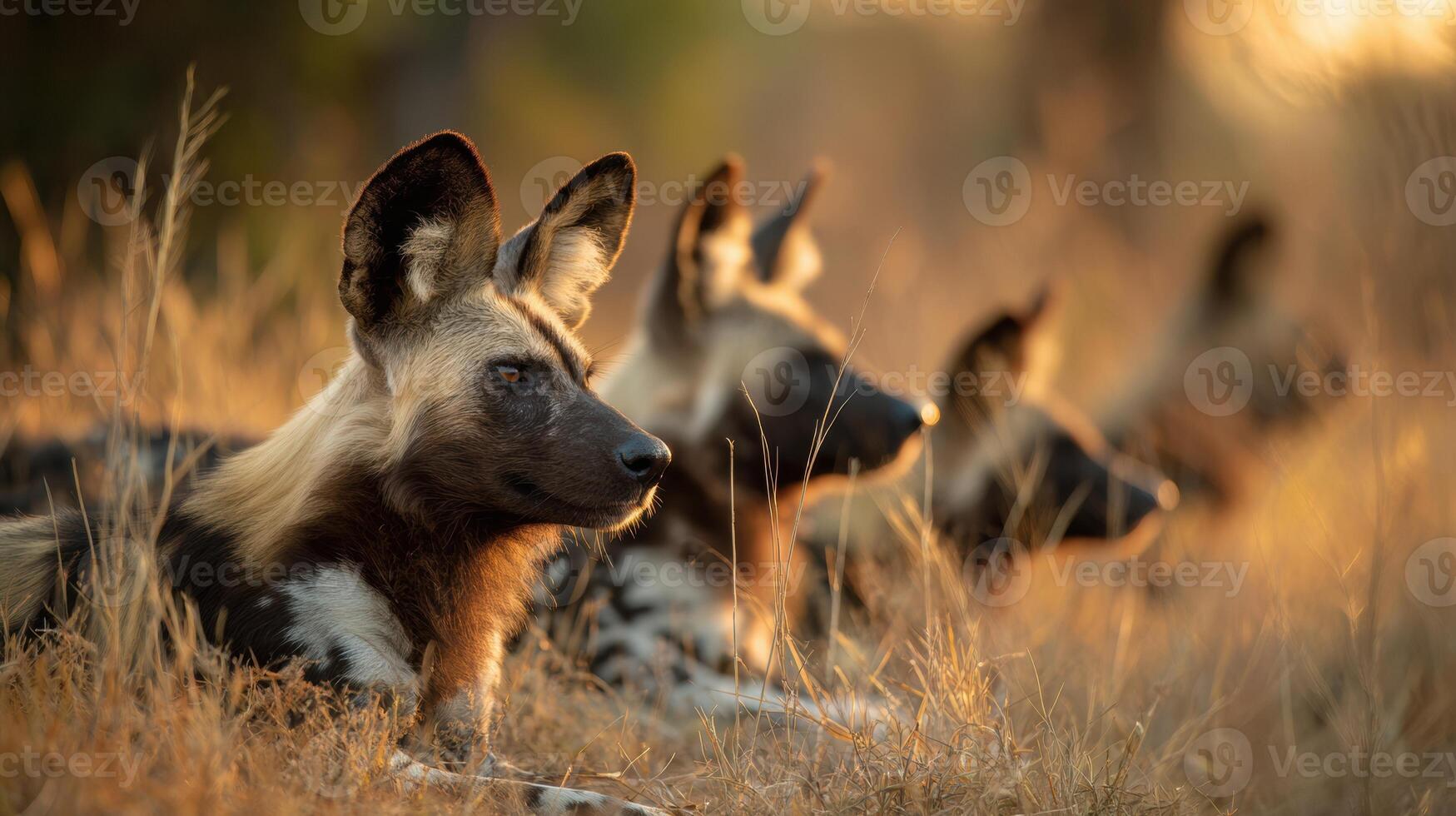 Group of African Wild Dogs Resting Peacefully in Warm Evening Light on Grassy Landscape photo