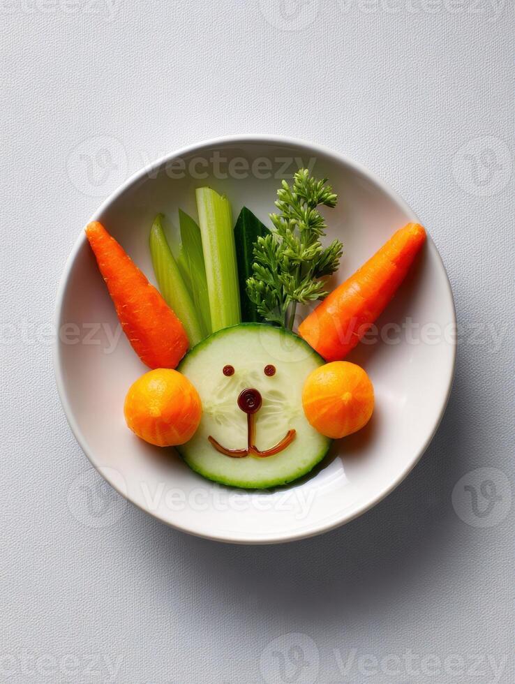 Creative and Playful Vegetable Art Featuring a Dog Face Made From Fresh Produce in a White Bowl photo