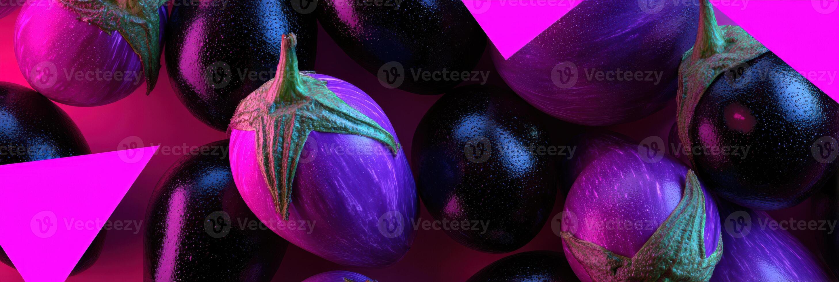 Vibrant Arrangement of Eggplants With Neon Shadows Forming a Zigzag Pattern in a Clean Background photo