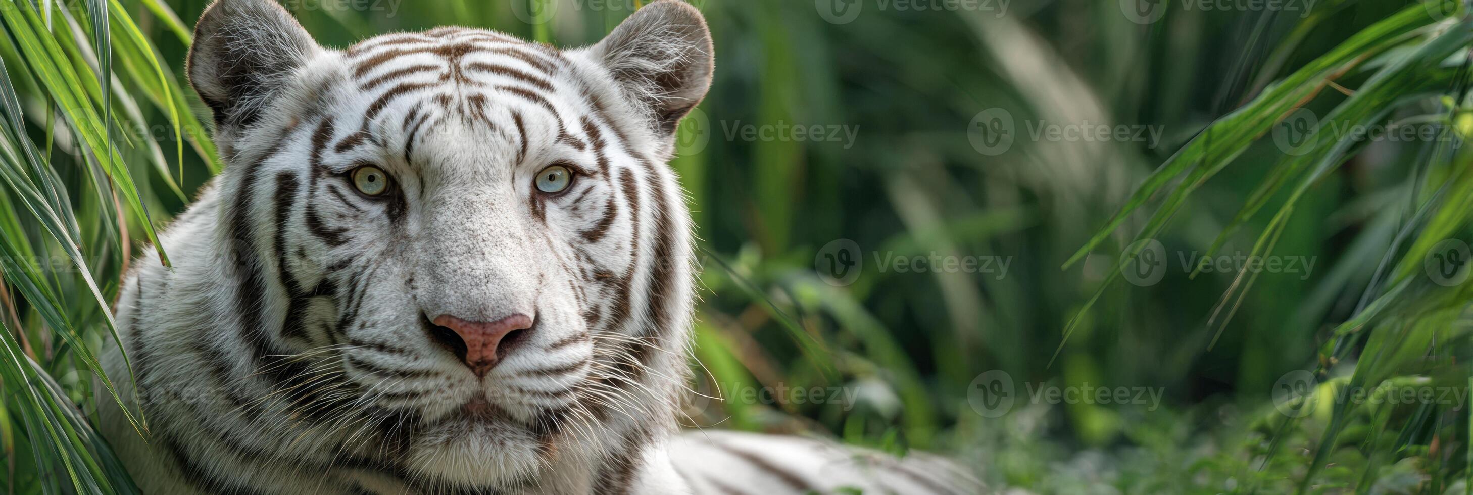 White Tiger Resting Quietly in Tall Grass Under a Clear Sky During Daylight, Showcasing Its Striking Fur Patterns and Calm Demeanor photo