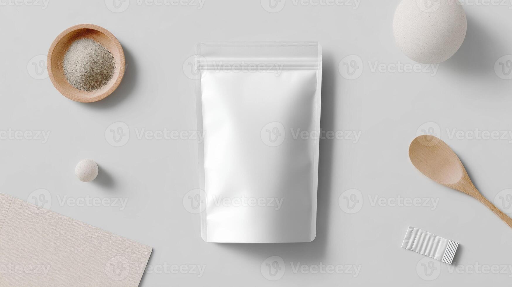 Minimal Packaging Pouch Mockup With Props on Textured Surface in Natural Light photo