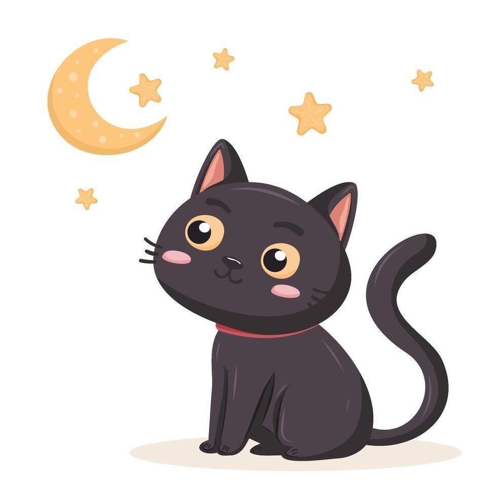 Adorable black cat with wide eyes sits gazing at moon and stars vector