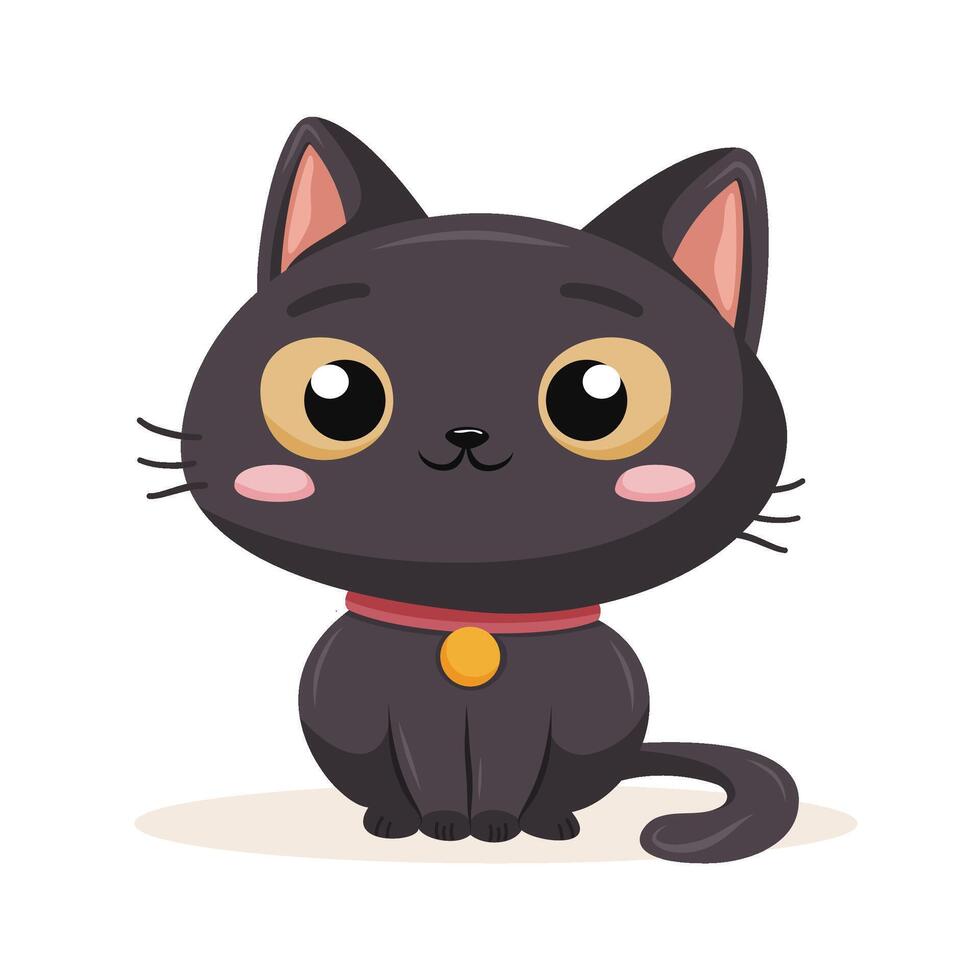 Adorable black cat with large eyes and a red collar, depicted in a playful flat style vector