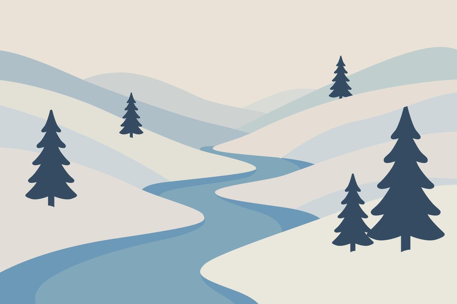Serene Winter Landscape with Trees and Flowing River Illustration vector