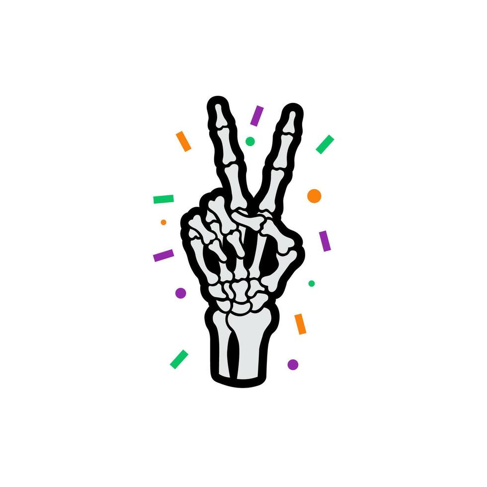 Skeleton Hand Making a Peace Sign with Colorful Confetti Background vector