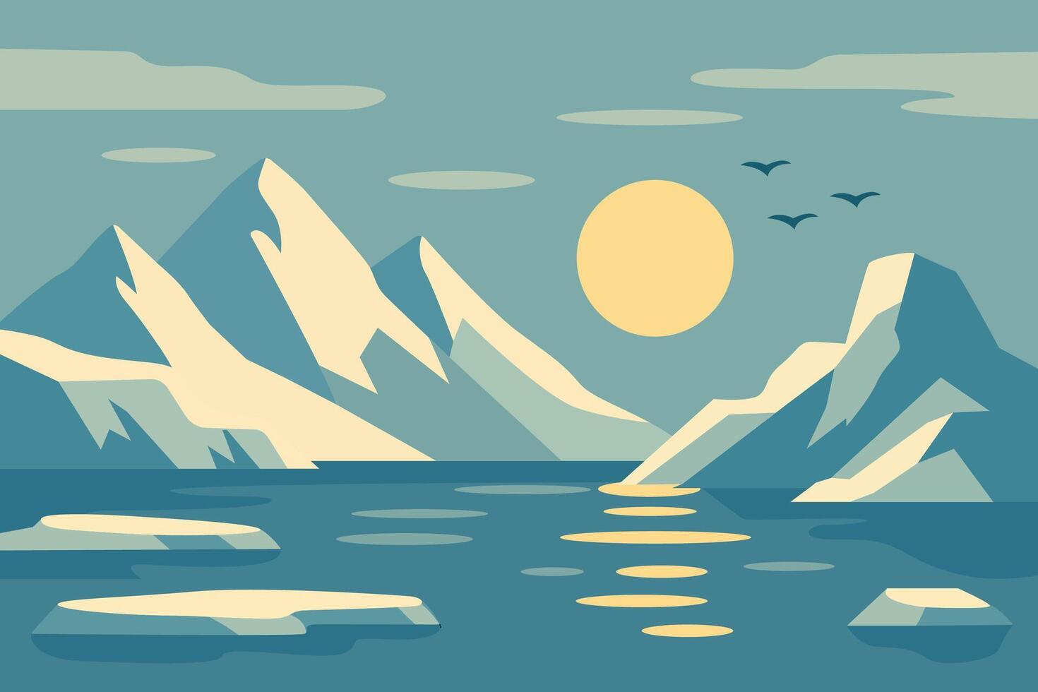 Serene Mountain Landscape with Sun and Calm Water Reflection vector
