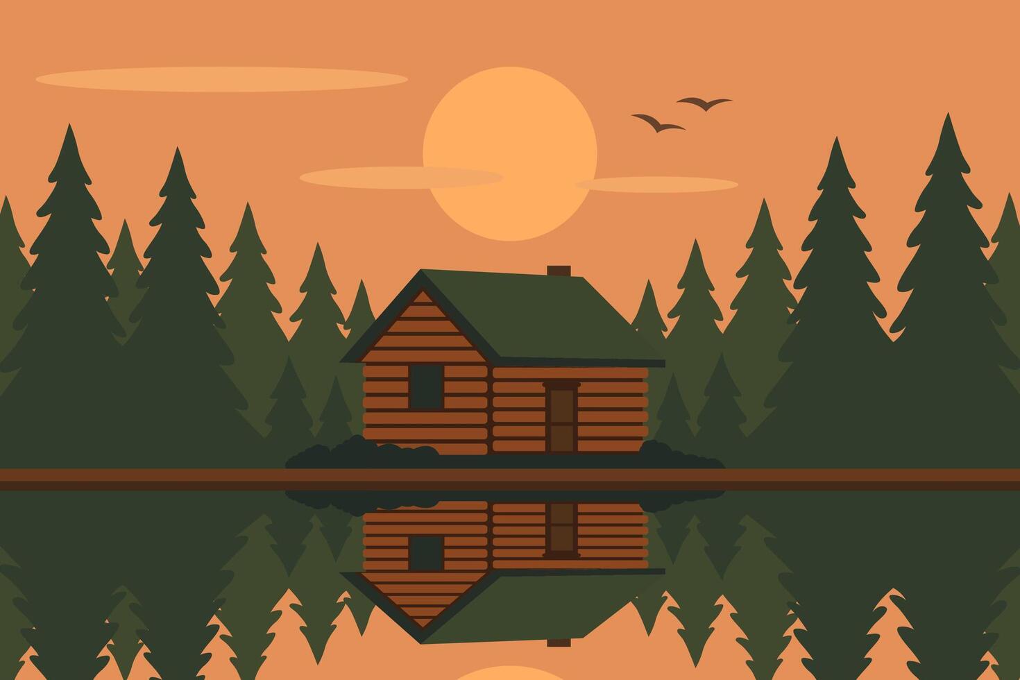 Cozy Cabin Reflection at Sunset with Pine Trees and Calm Water vector