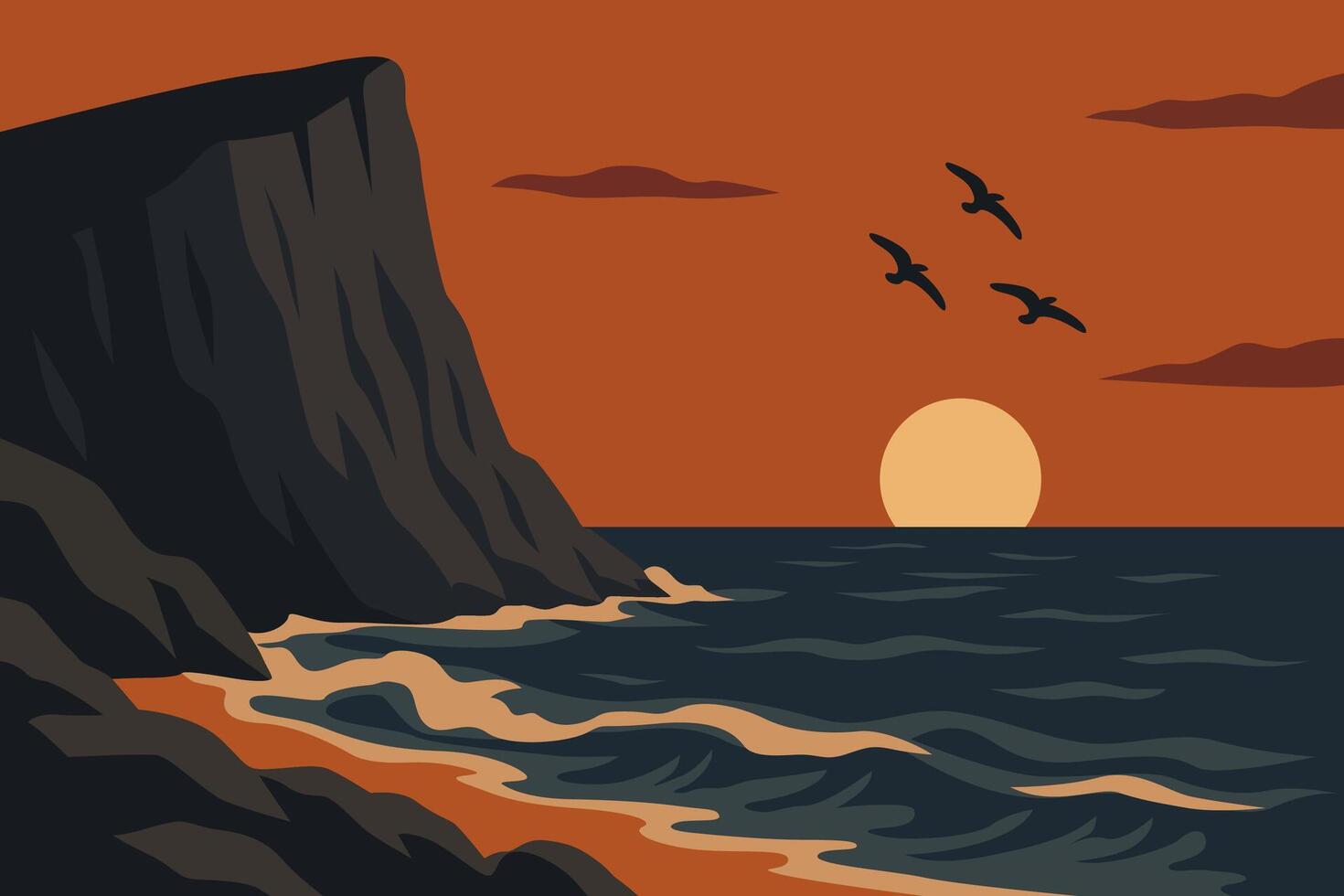Sunset Over Rocky Shore with Birds Flying in the Orange Sky vector