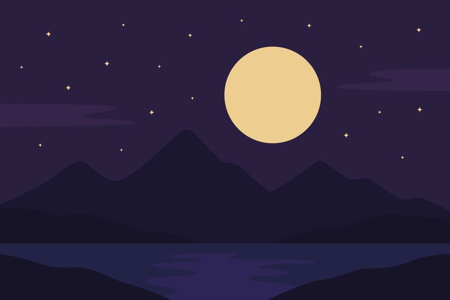 Serene Night Landscape with Full Moon and Starry Sky Over Mountains vector