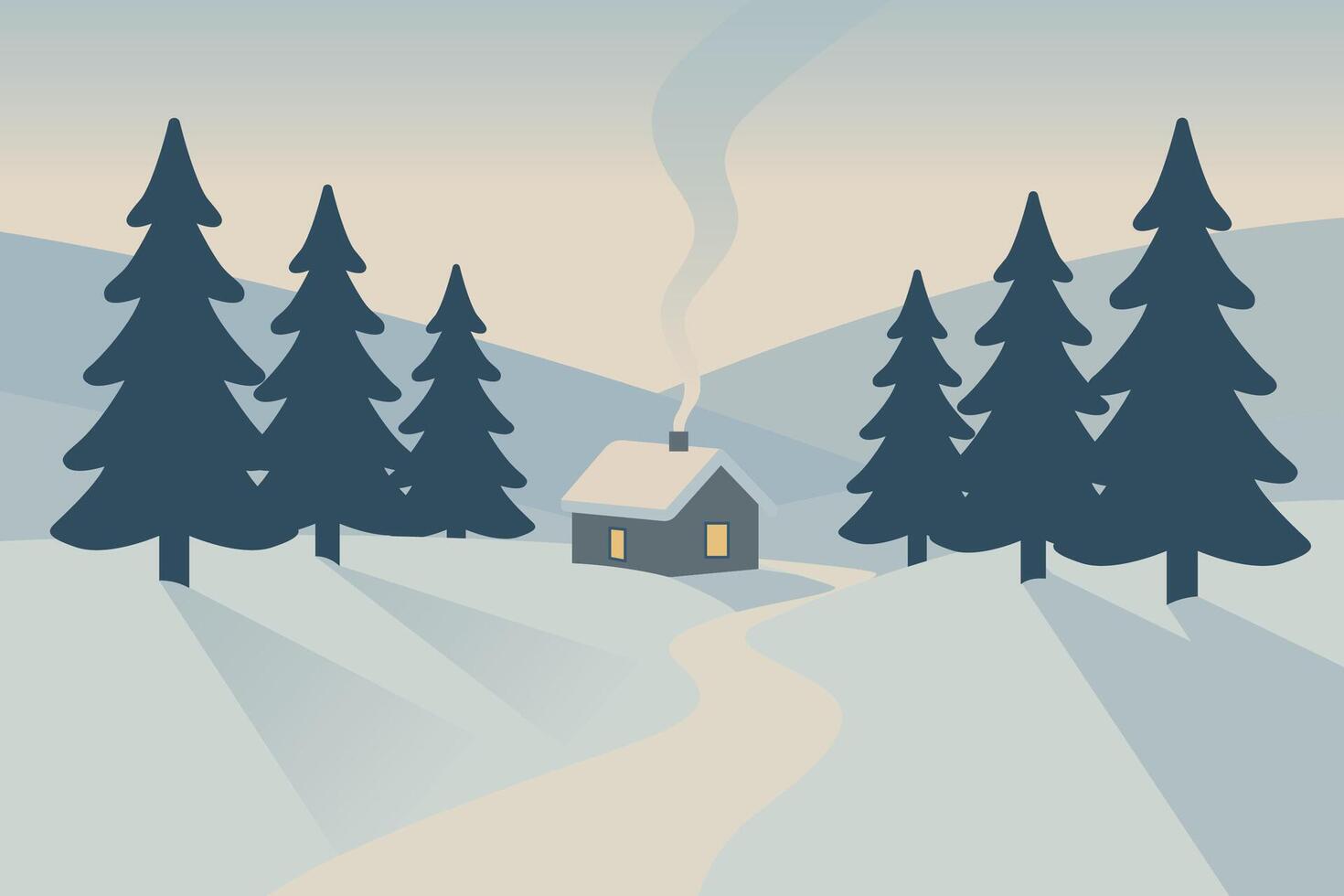 Cozy Winter Cabin Surrounded by Snowy Hills and Tall Pine Trees vector