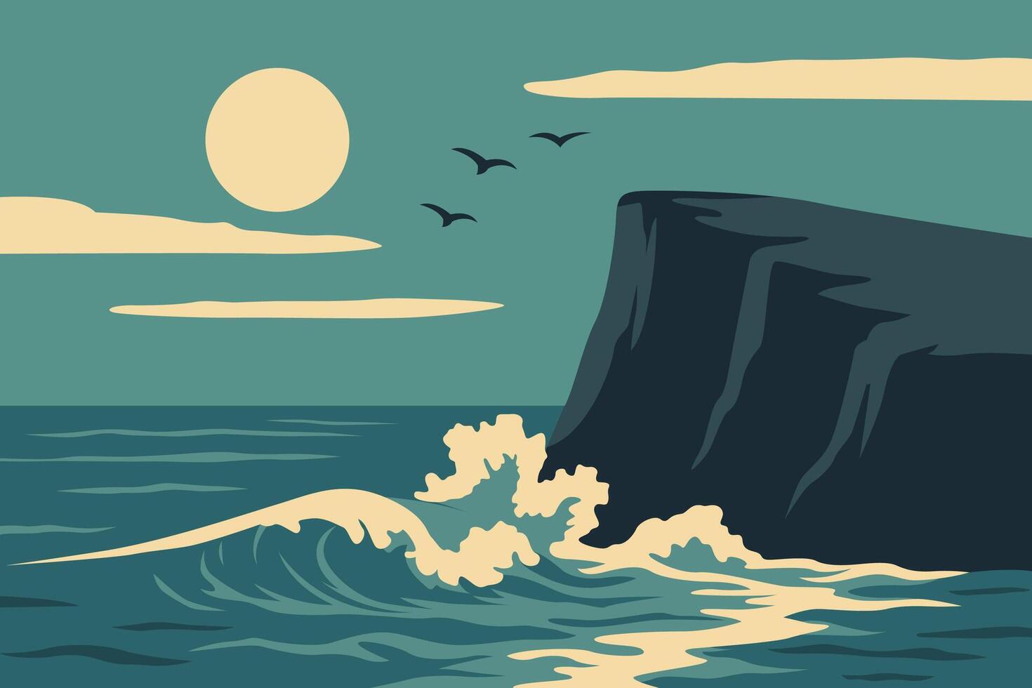 Serene Coastal Landscape with Waves and Sunset in Retro Style vector