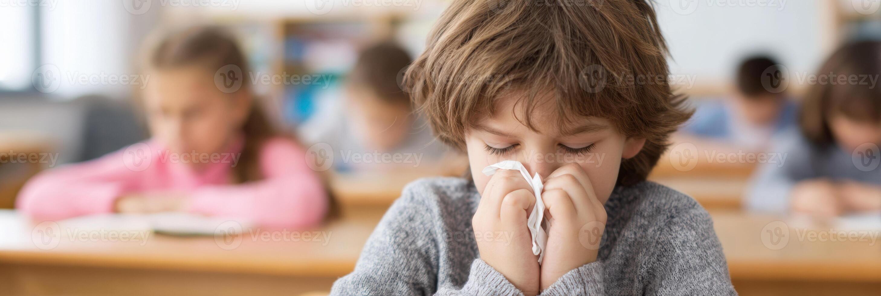 Child Sneezes in Classroom While Peers Focus on Their Work During a Lesson in a Bright and Open Learning Environment photo