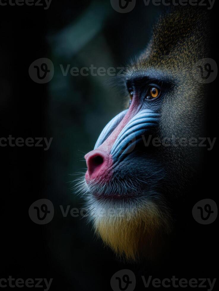 Colorful Mandrill Gazes Forward Amidst a Blurred Jungle Backdrop in Serene Habitat photo