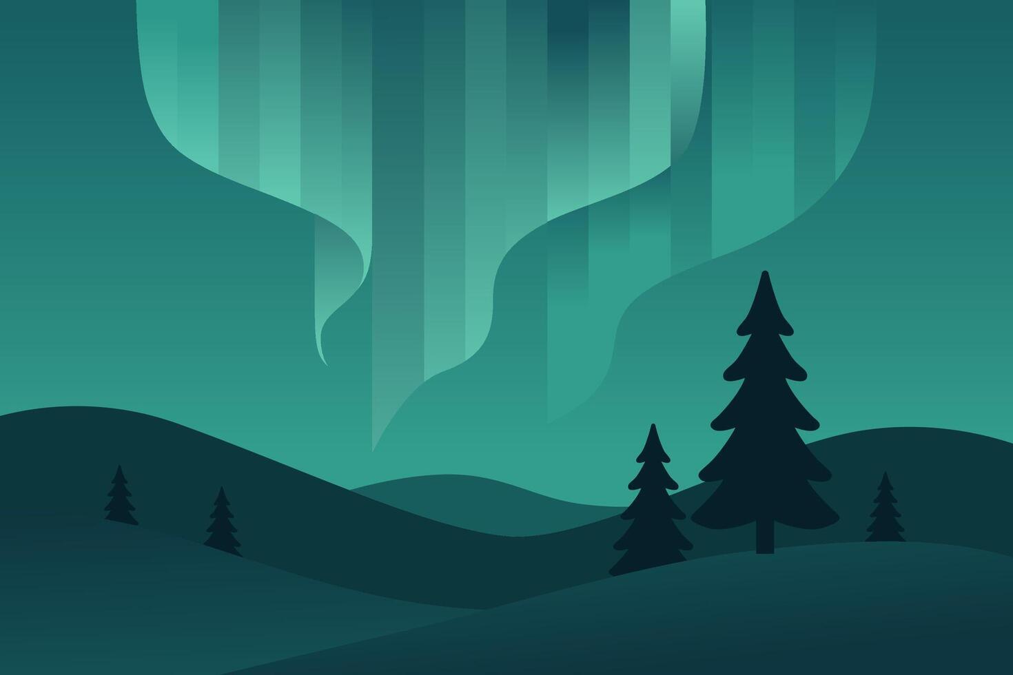 Abstract landscape with aurora borealis and dark trees vector