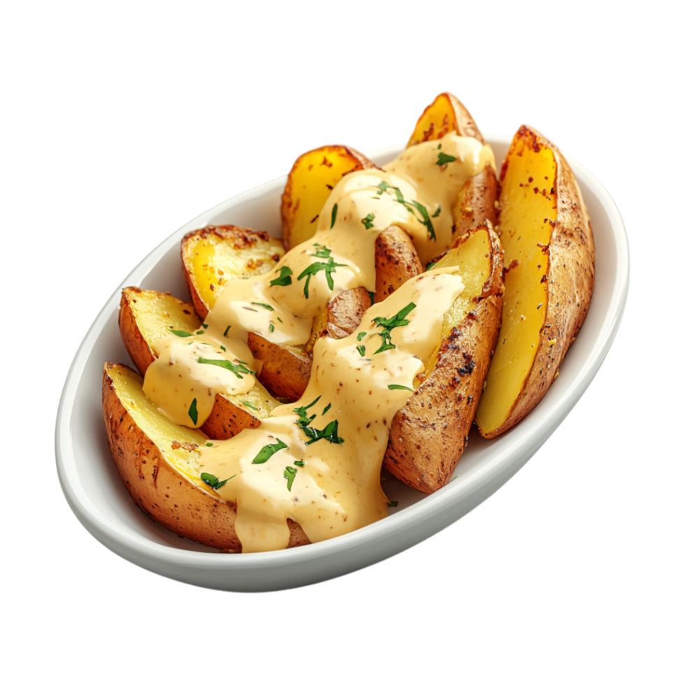 potatoes with gravy and herbs on a plate png